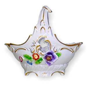 Marked Antique Dresden Flower Basket Easter Basket Candy Dish